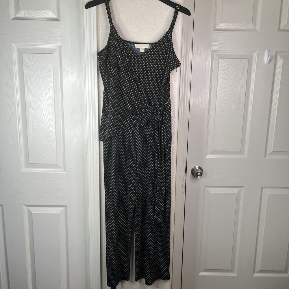 Michael Michael Kors Jumpsuit Large Navy and Gold Geo Print Side-Tie Wide Leg L